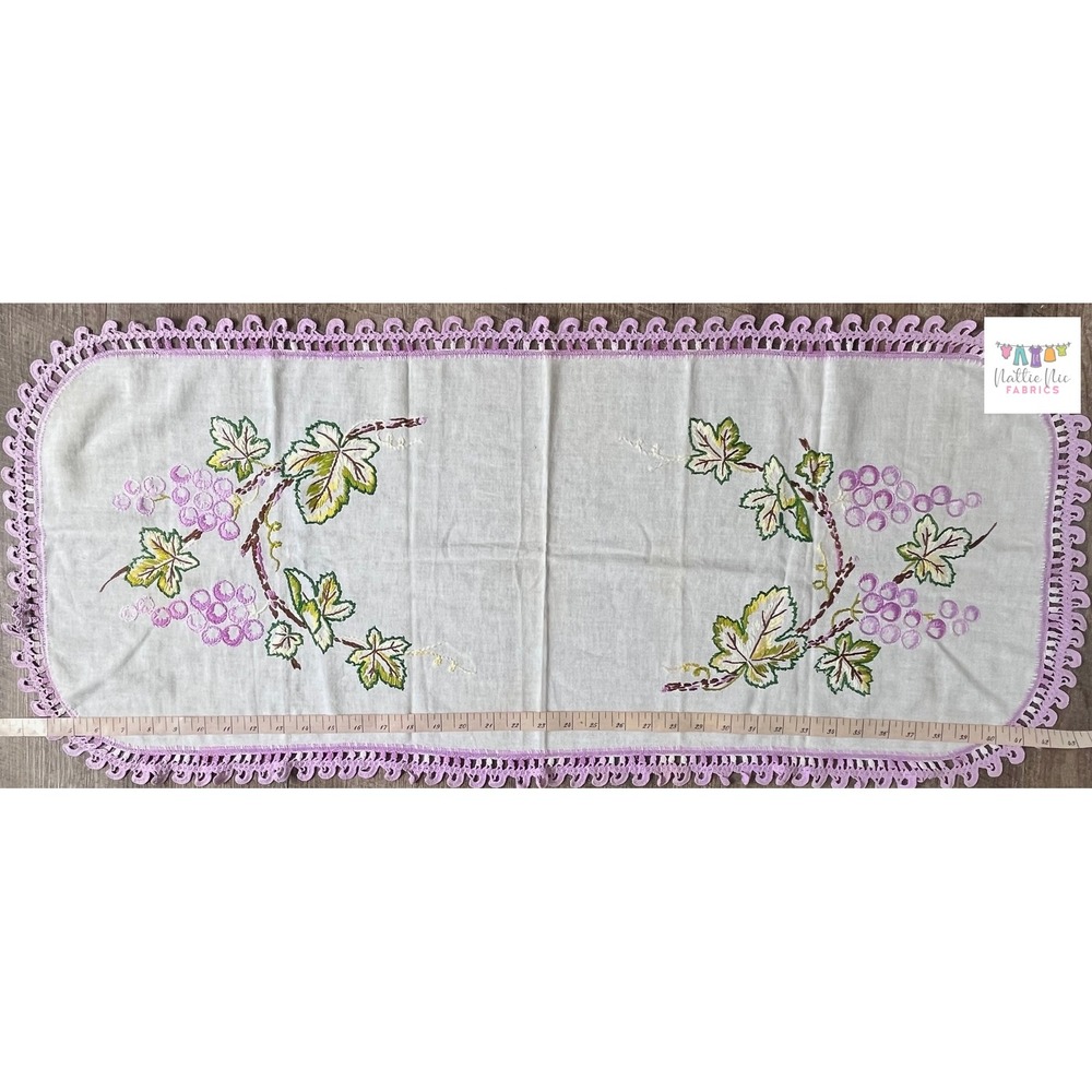Vintage table runner purple crochet trim embroidered flower leaf motif‎